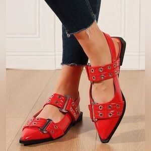 Red Patent leather Flats chunky buckle with silver detail size 44 EU size 13.5